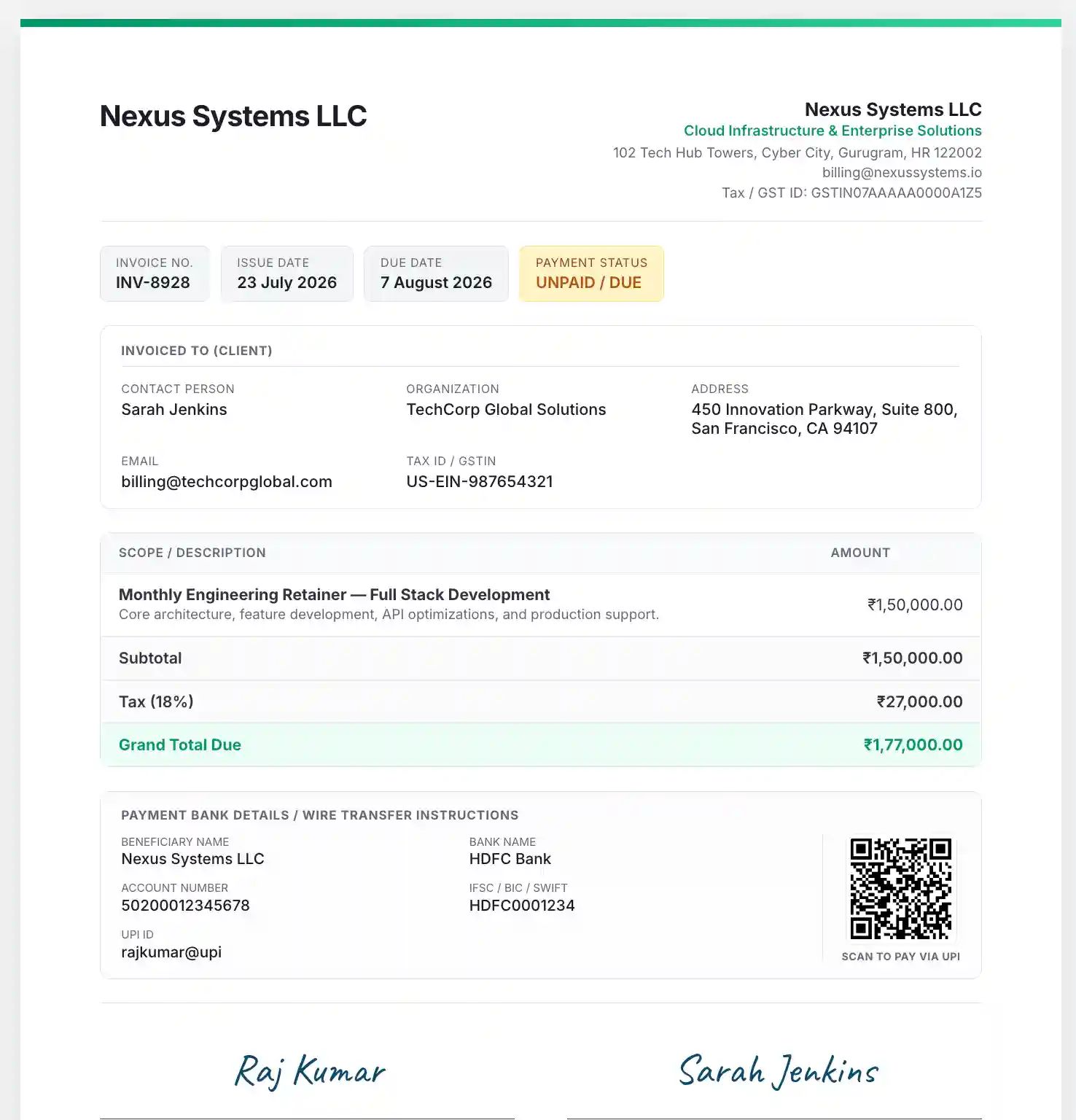 Live A4 invoice preview showing Nexus Systems LLC invoice with dual signatures, bank details, QR code, and ₹1,77,000 grand total