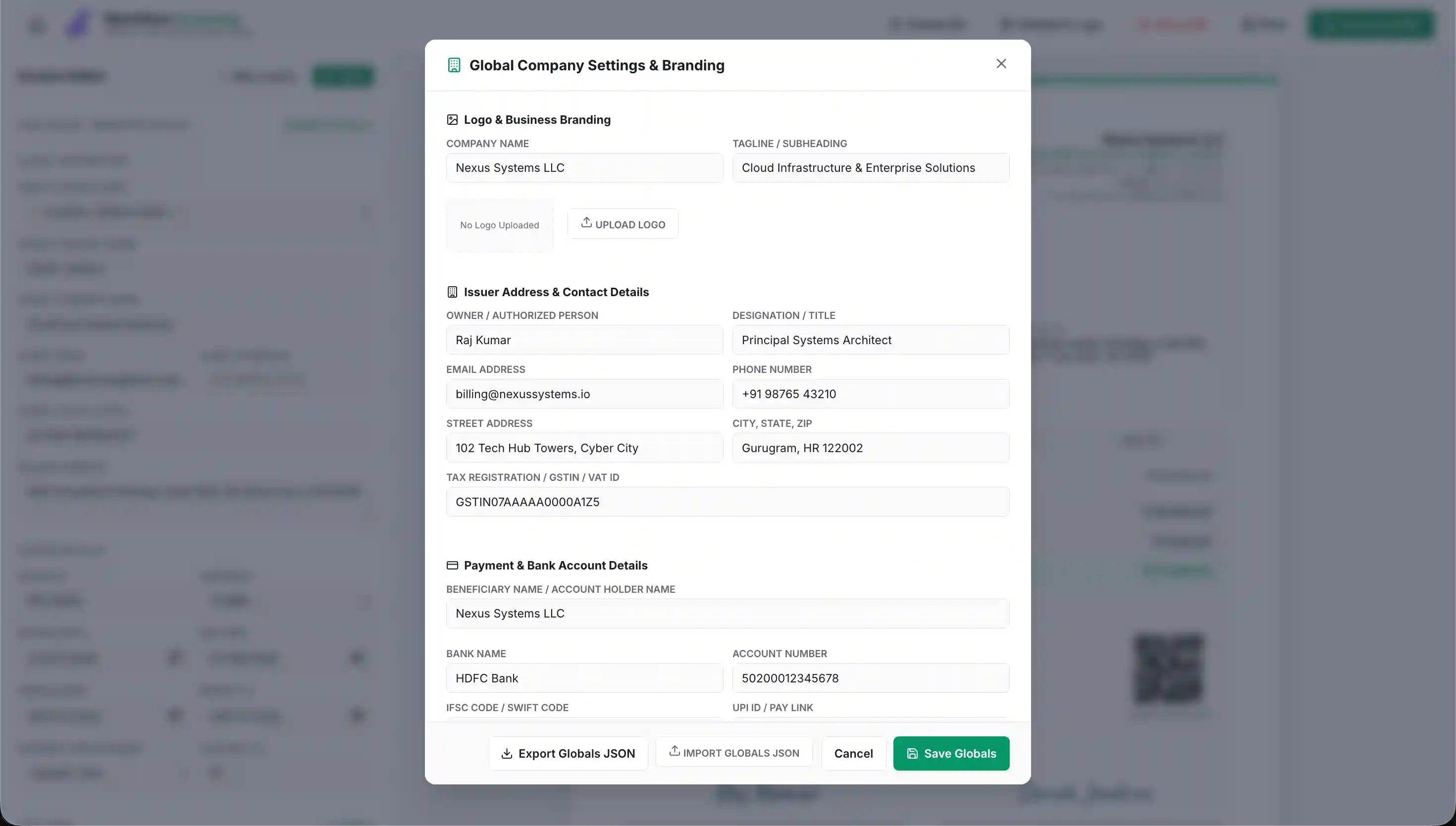 Global Company Settings modal showing business branding, issuer address, GSTIN, and bank account details with export/import JSON controls